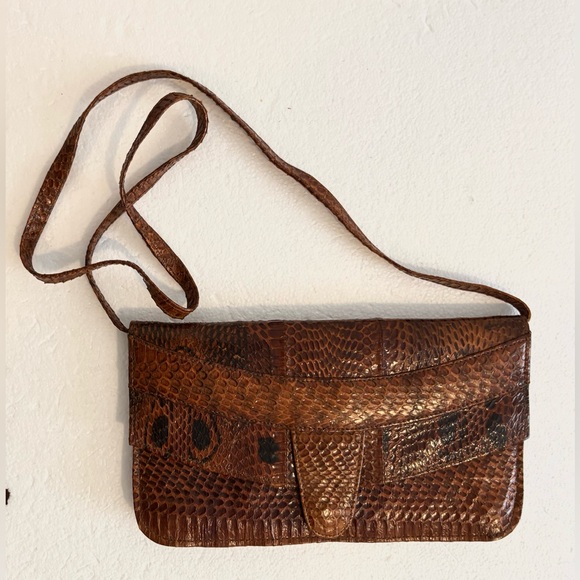 Snakeskin Leather Envelope Clutch Convertible Crossbody Bag Brown Vintage - Picture 1 of 12